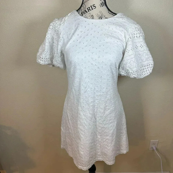 Free People Apricot Rose Mini Eyelet White Dress Puff Sleeve Open Back Size Med - Picture 3 of 12